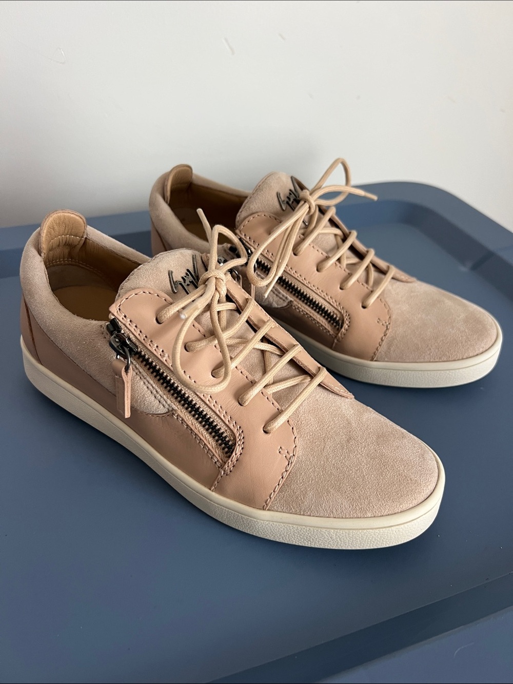 Giuseppe Zanotti suede and leather light pink lace up zip up sneakers 37.5